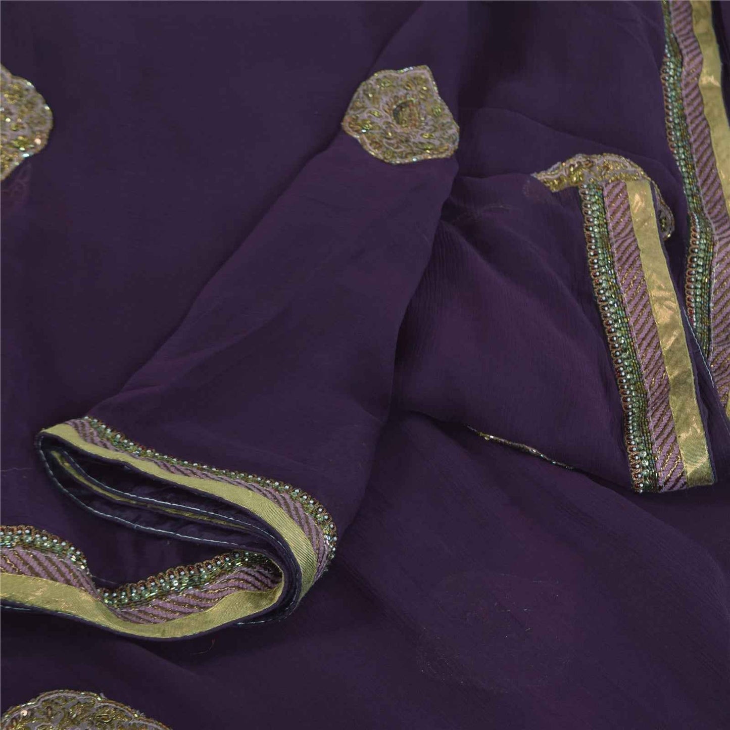 Sanskriti Vintage Purple Dupatta Long Stole Pure Chiffon Hand Beaded Ethnic Veil