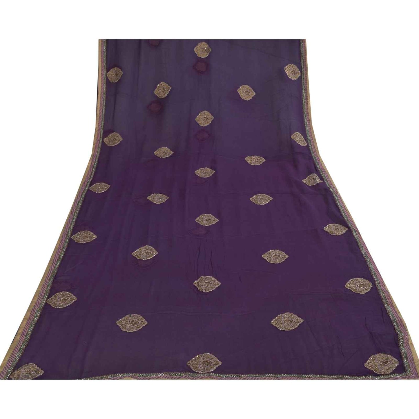 Sanskriti Vintage Purple Dupatta Long Stole Pure Chiffon Hand Beaded Ethnic Veil