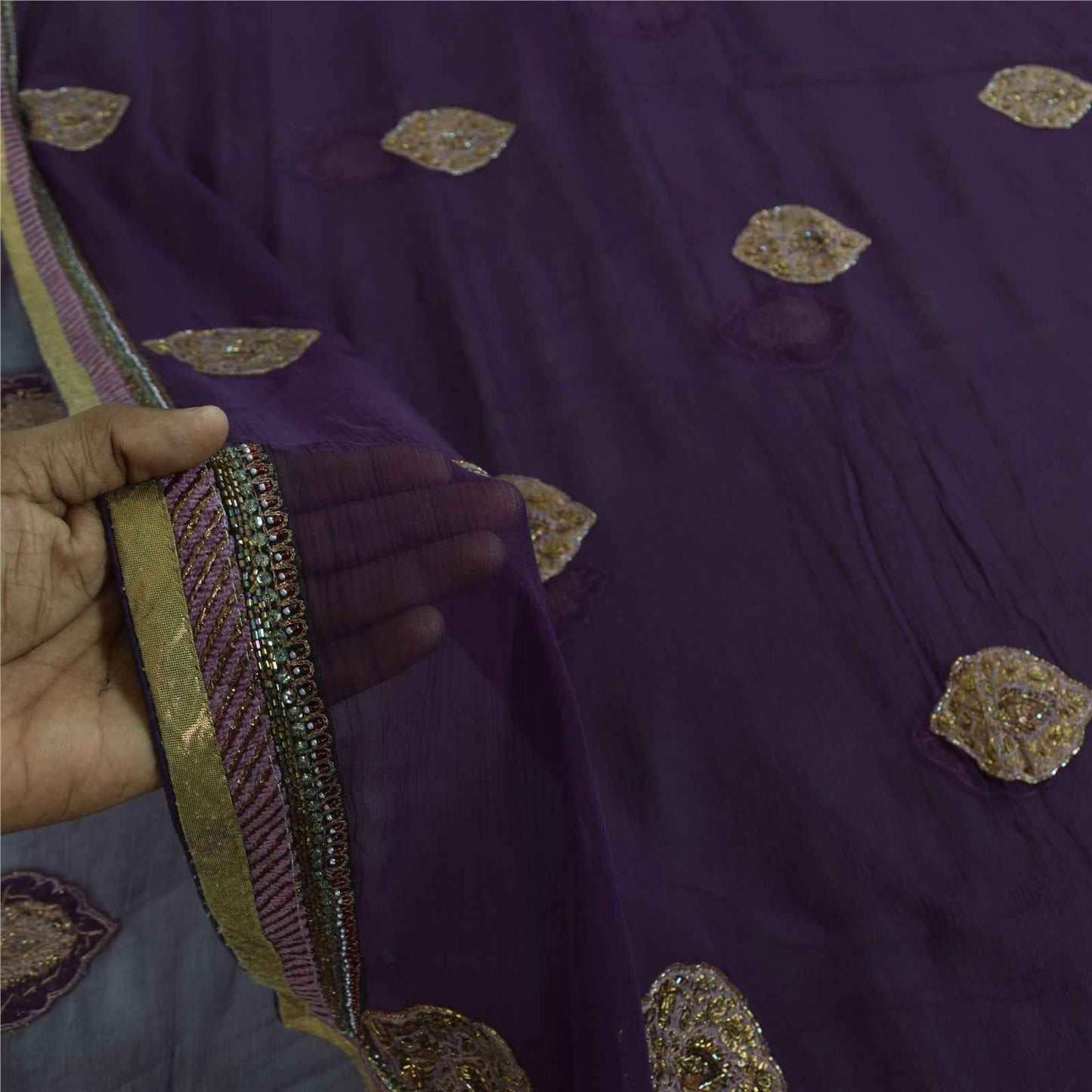 Sanskriti Vintage Purple Dupatta Long Stole Pure Chiffon Hand Beaded Ethnic Veil