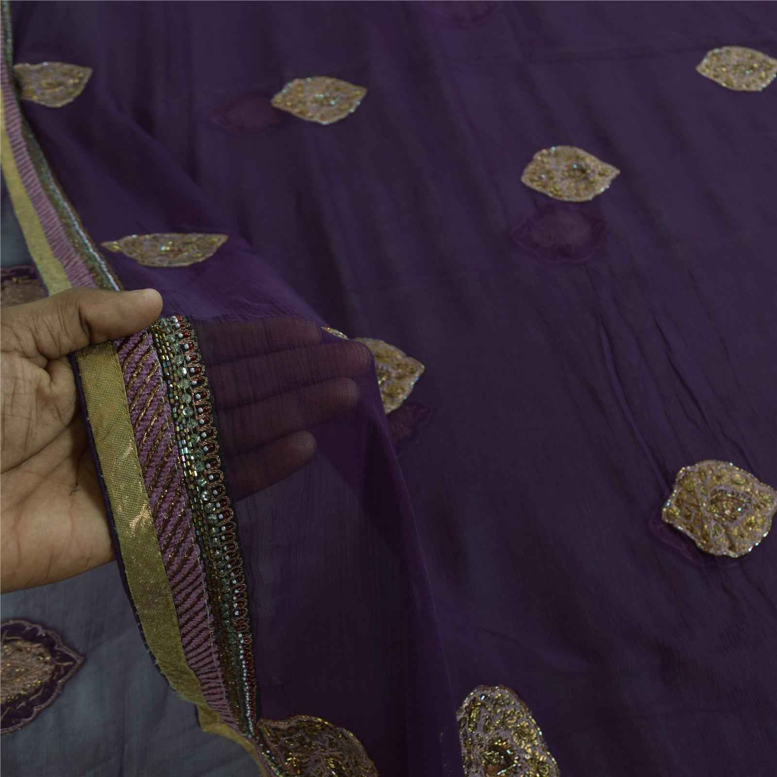 Sanskriti Vintage Purple Dupatta Long Stole Pure Chiffon Hand Beaded Ethnic Veil