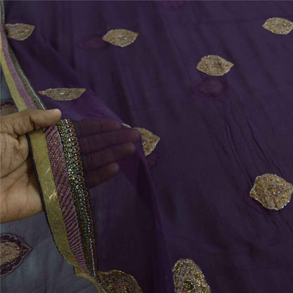 Sanskriti Vintage Purple Dupatta Long Stole Pure Chiffon Hand Beaded Ethnic Veil