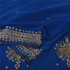 Sanskriti Vintage Blue Sarees Pure Georgette Hand Beaded Sari 6yd Craft Fabric