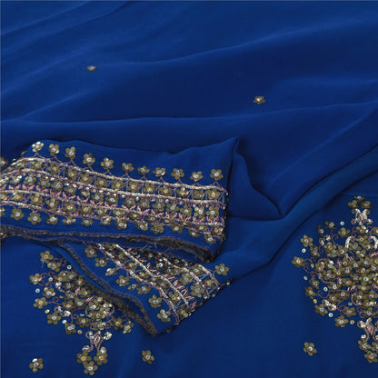 Sanskriti Vintage Blue Sarees Pure Georgette Hand Beaded Sari 6yd Craft Fabric