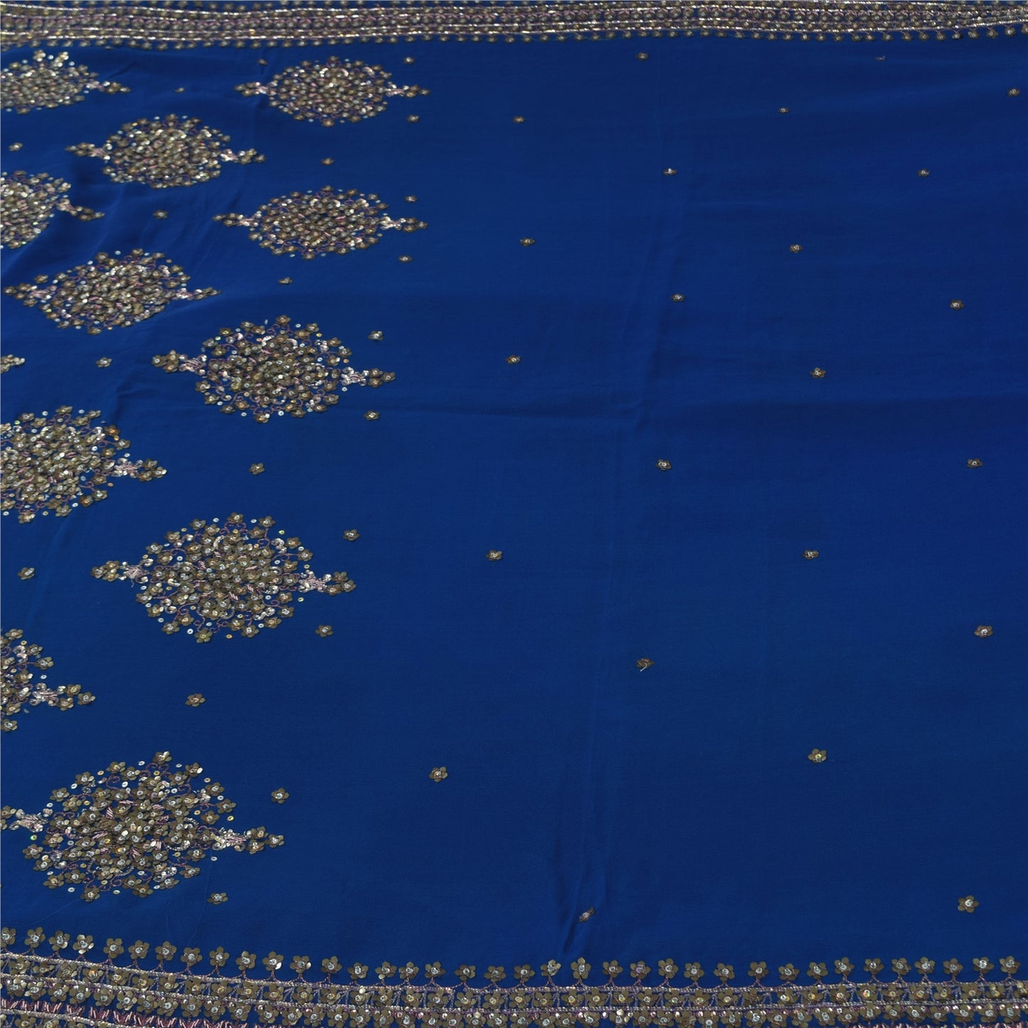 Sanskriti Vintage Blue Sarees Pure Georgette Hand Beaded Sari 6yd Craft Fabric
