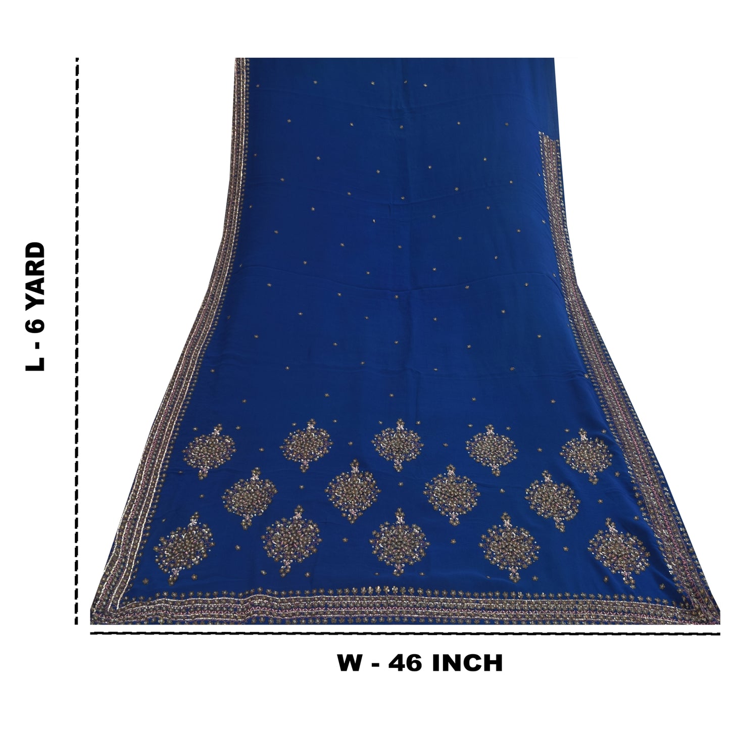 Sanskriti Vintage Blue Sarees Pure Georgette Hand Beaded Sari 6yd Craft Fabric