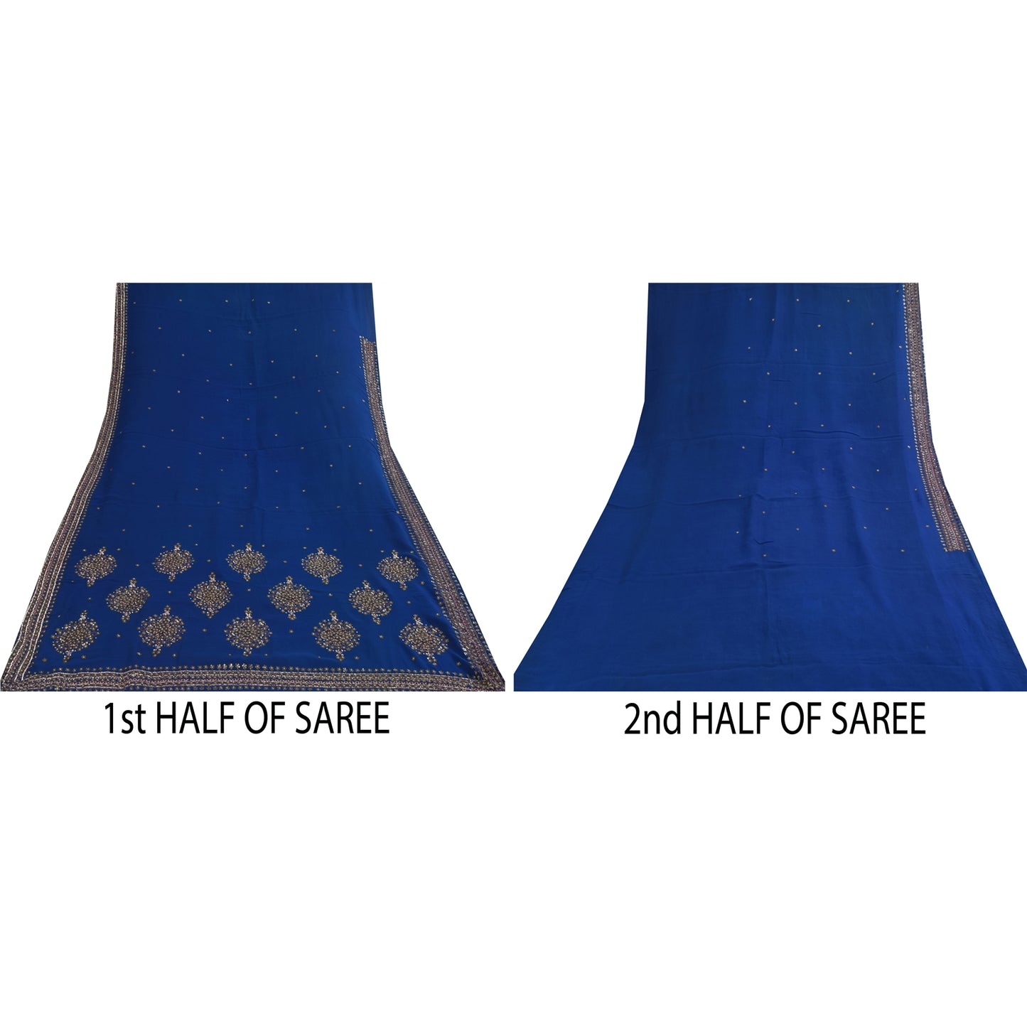 Sanskriti Vintage Blue Sarees Pure Georgette Hand Beaded Sari 6yd Craft Fabric
