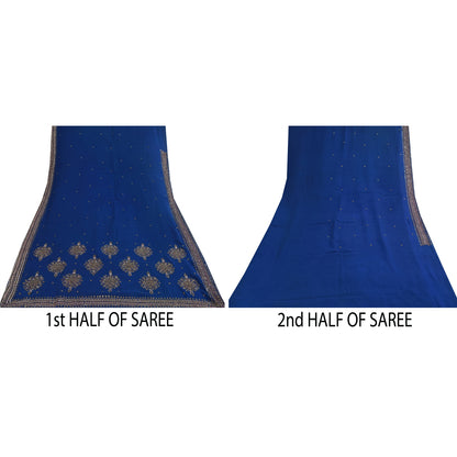Sanskriti Vintage Blue Sarees Pure Georgette Hand Beaded Sari 6yd Craft Fabric