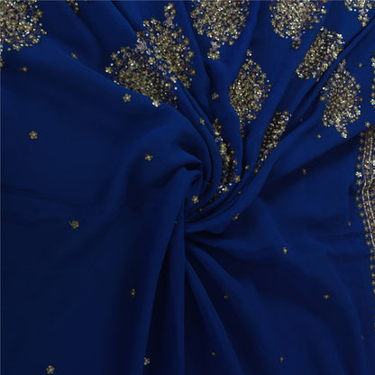 Sanskriti Vintage Blue Sarees Pure Georgette Hand Beaded Sari 6yd Craft Fabric