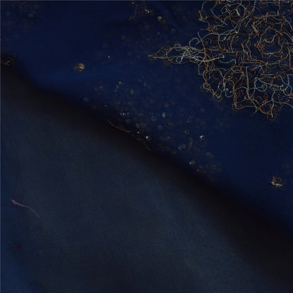Sanskriti Vintage Blue Sarees Pure Georgette Hand Beaded Sari 6yd Craft Fabric