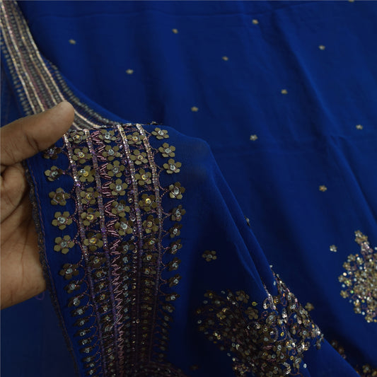 Sanskriti Vintage Blue Sarees Pure Georgette Hand Beaded Sari 6yd Craft Fabric