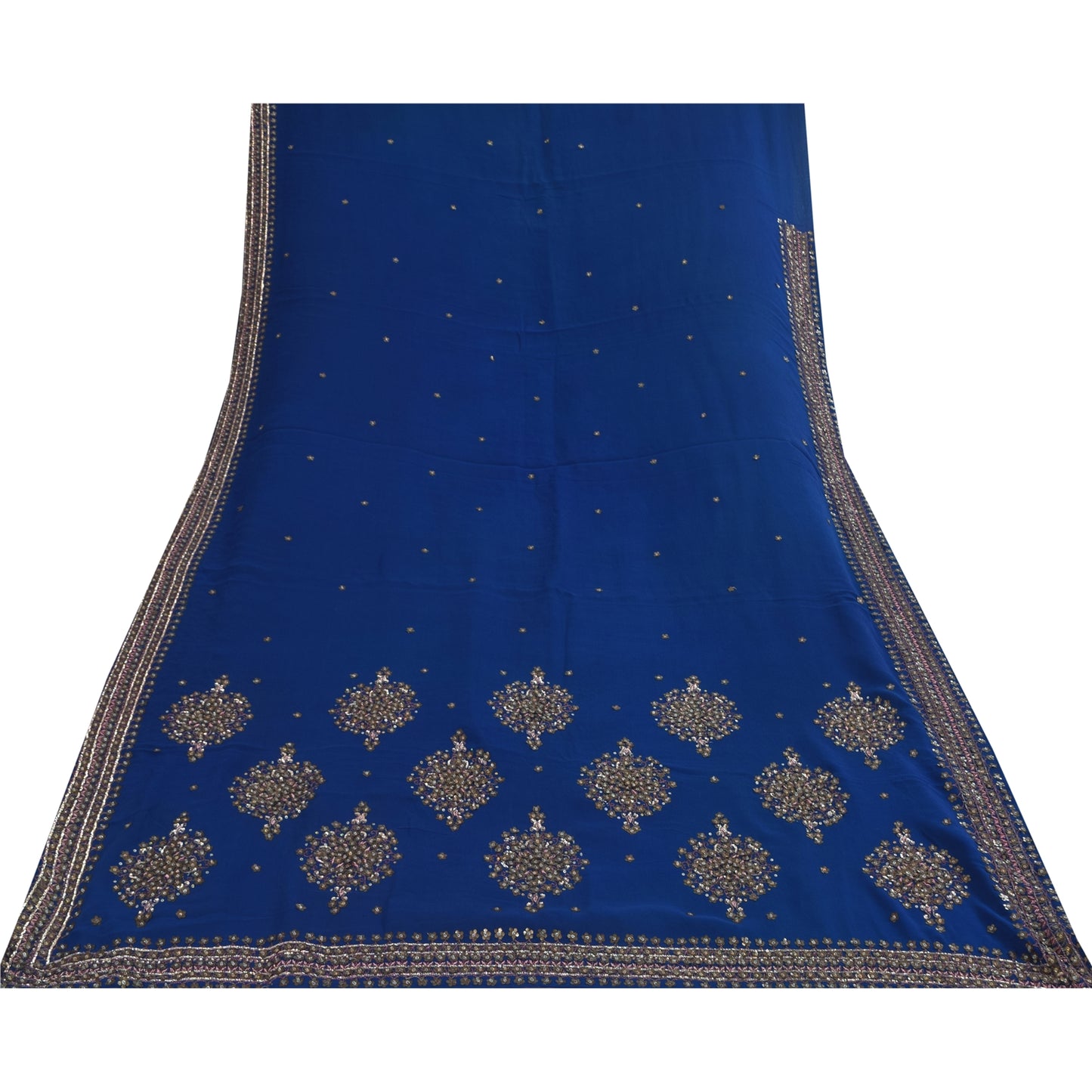 Sanskriti Vintage Blue Sarees Pure Georgette Hand Beaded Sari 6yd Craft Fabric