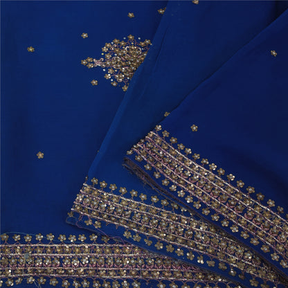 Sanskriti Vintage Blue Sarees Pure Georgette Hand Beaded Sari 6yd Craft Fabric