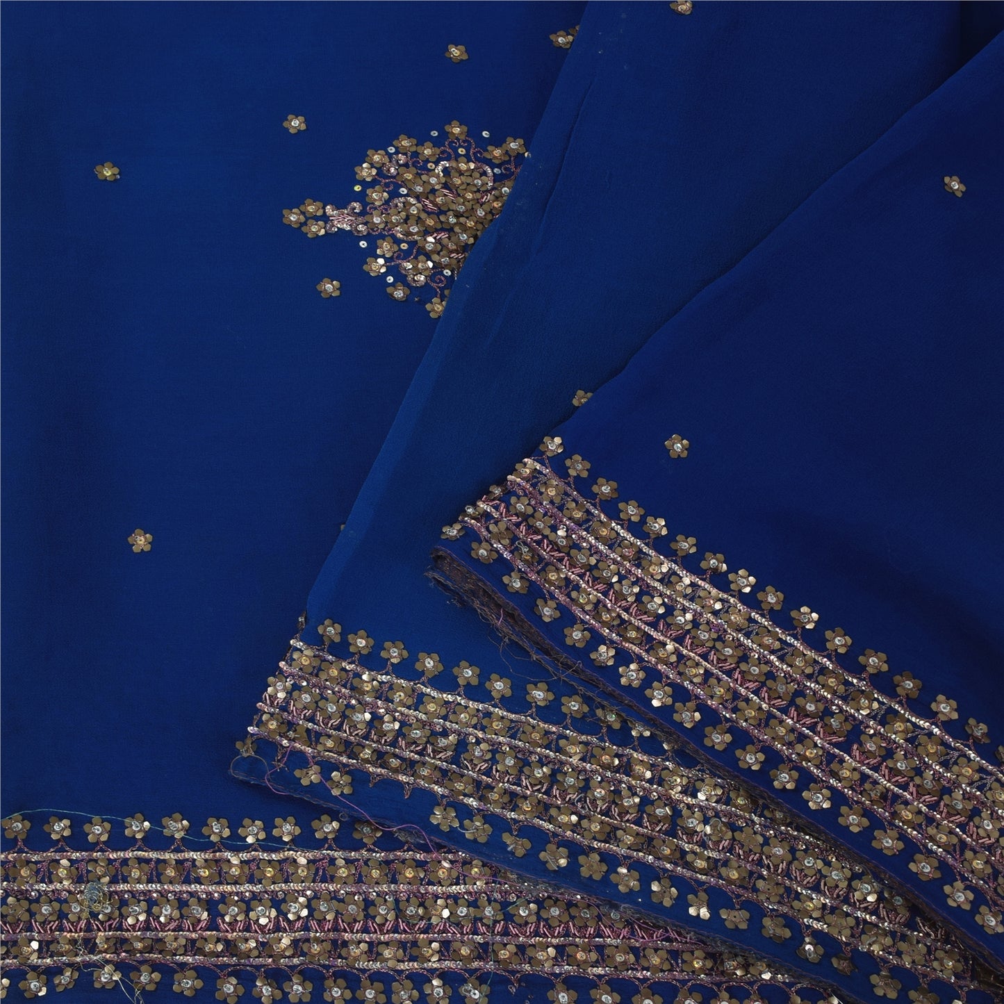 Sanskriti Vintage Blue Sarees Pure Georgette Hand Beaded Sari 6yd Craft Fabric