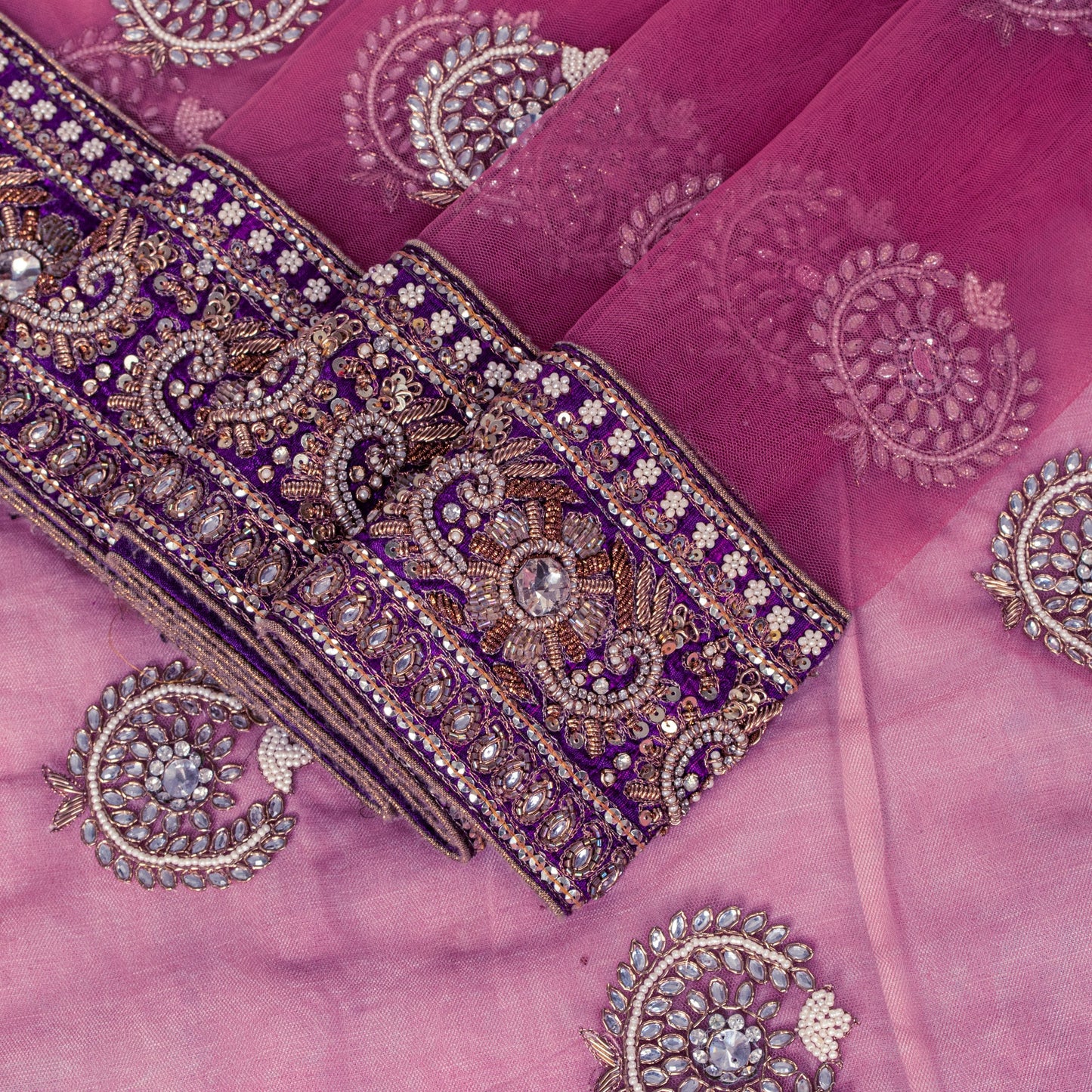 Sanskriti Vintage Pink Net Saree Hand Embroidered Zardozi Zari Sari 6+YD Craft