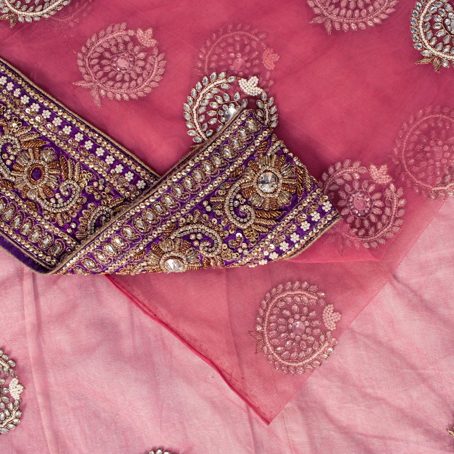 Sanskriti Vintage Pink Net Saree Hand Embroidered Zardozi Zari Sari 6+YD Craft