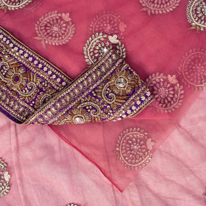 Sanskriti Vintage Pink Net Saree Hand Embroidered Zardozi Zari Sari 6+YD Craft