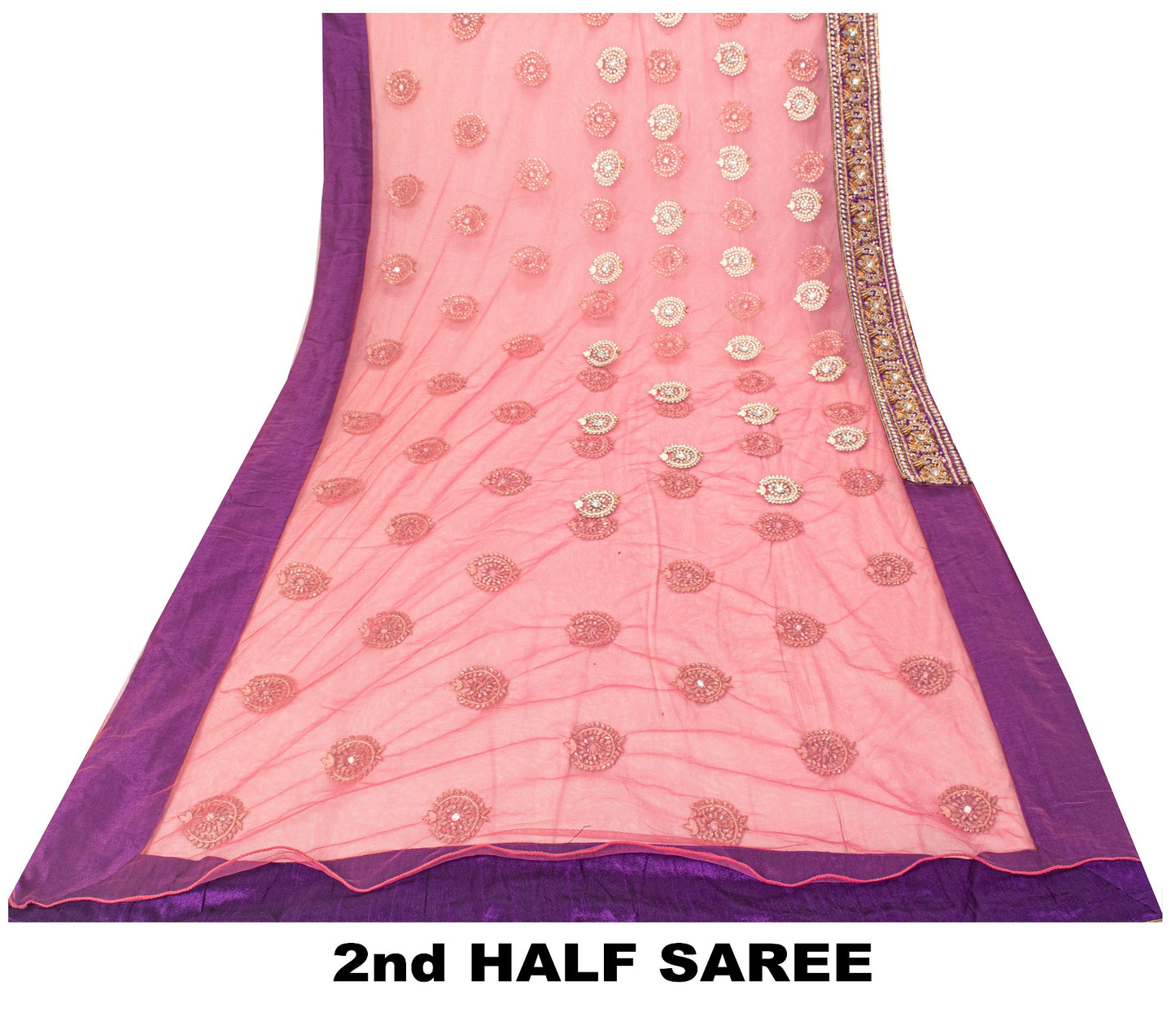 Sanskriti Vintage Pink Net Saree Hand Embroidered Zardozi Zari Sari 6+YD Craft