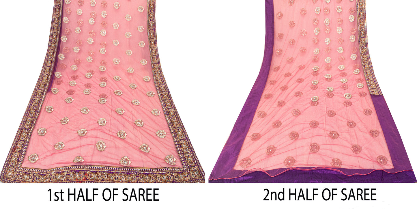 Sanskriti Vintage Pink Net Saree Hand Embroidered Zardozi Zari Sari 6+YD Craft