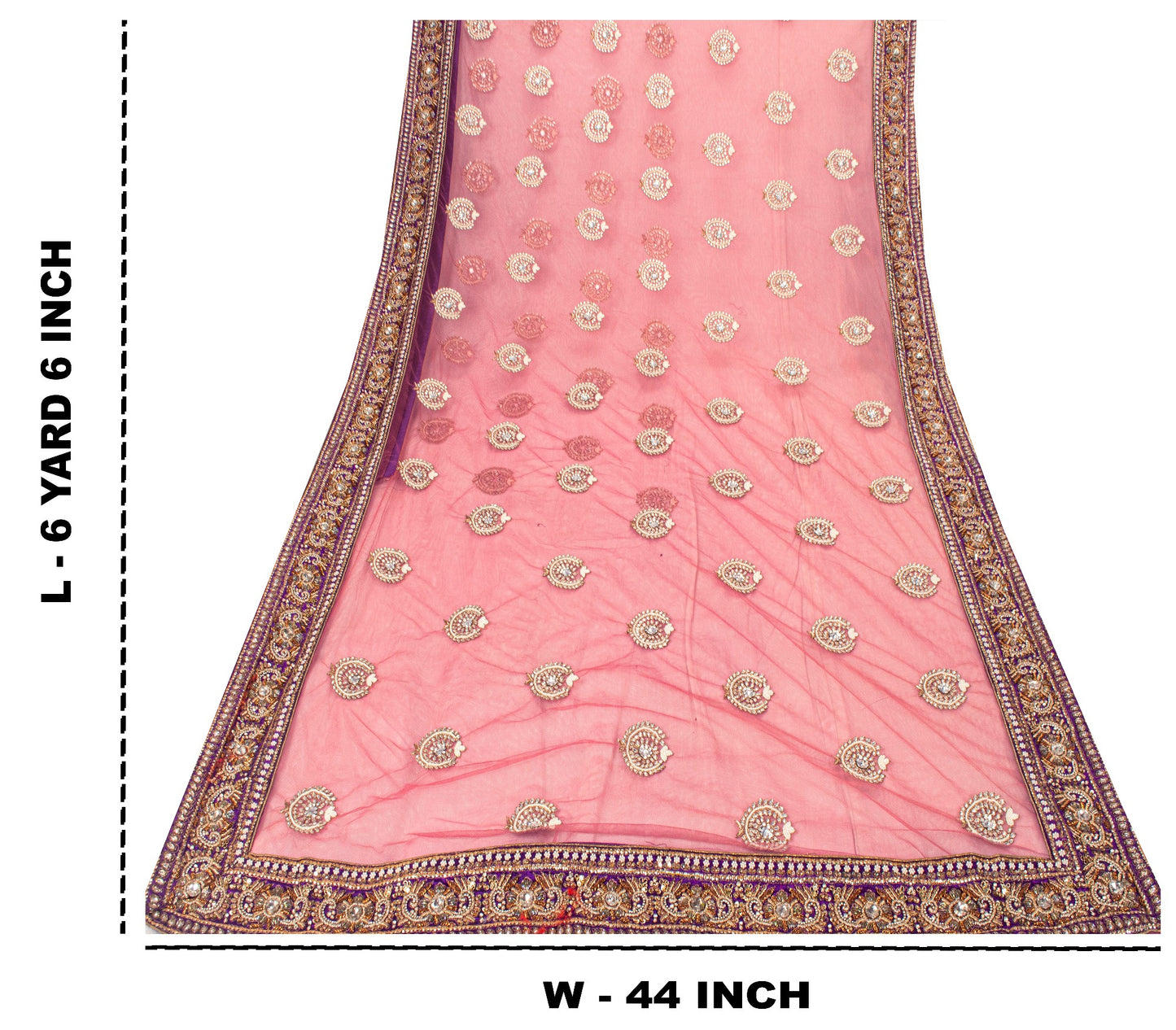 Sanskriti Vintage Pink Net Saree Hand Embroidered Zardozi Zari Sari 6+YD Craft