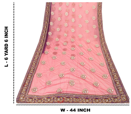 Sanskriti Vintage Pink Net Saree Hand Embroidered Zardozi Zari Sari 6+YD Craft