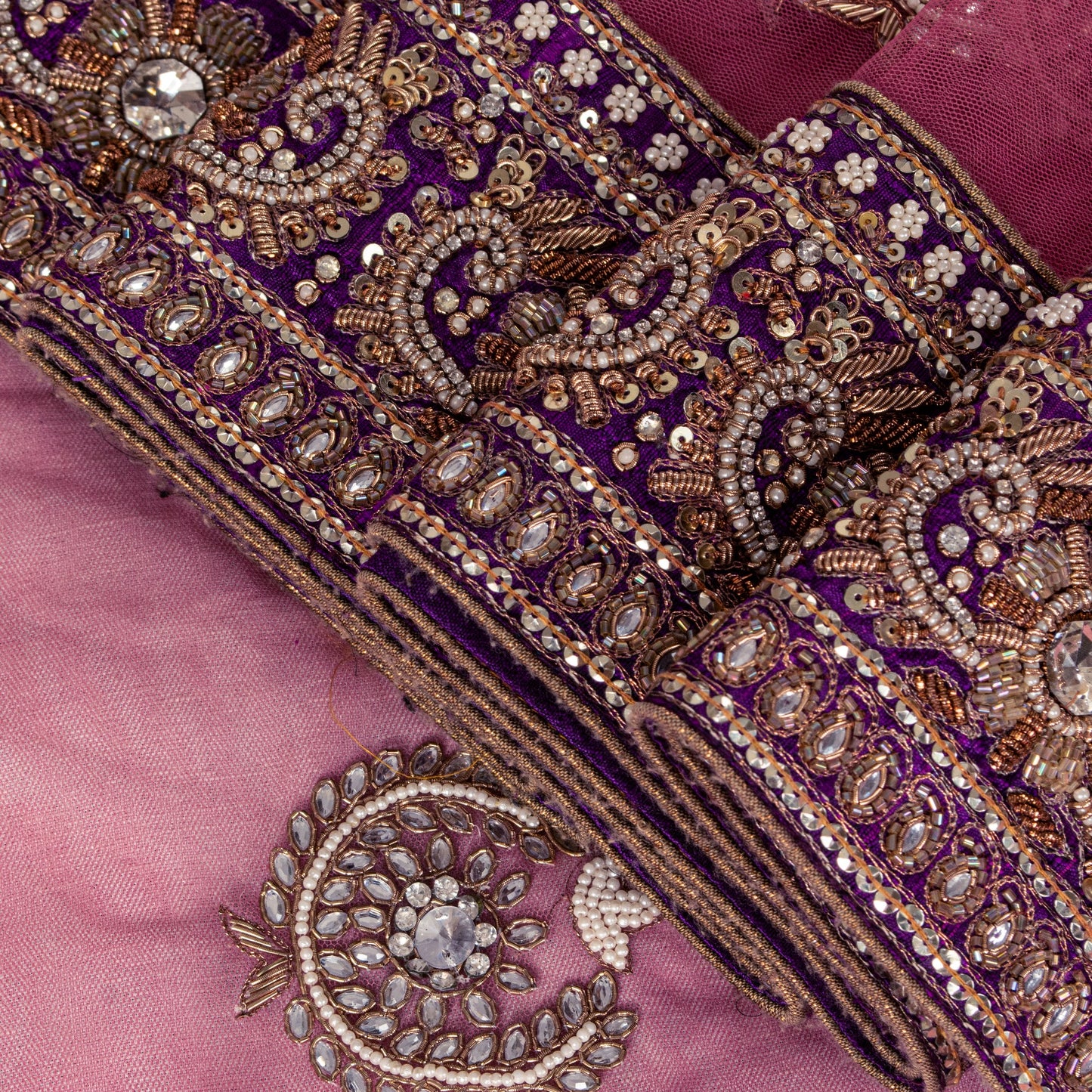 Sanskriti Vintage Pink Net Saree Hand Embroidered Zardozi Zari Sari 6+YD Craft