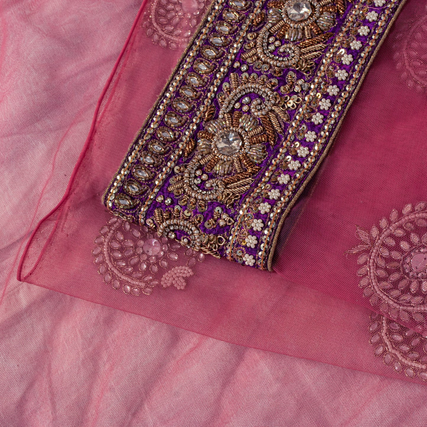 Sanskriti Vintage Pink Net Saree Hand Embroidered Zardozi Zari Sari 6+YD Craft