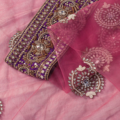Sanskriti Vintage Pink Net Saree Hand Embroidered Zardozi Zari Sari 6+YD Craft