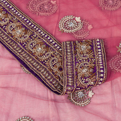 Sanskriti Vintage Pink Net Saree Hand Embroidered Zardozi Zari Sari 6+YD Craft