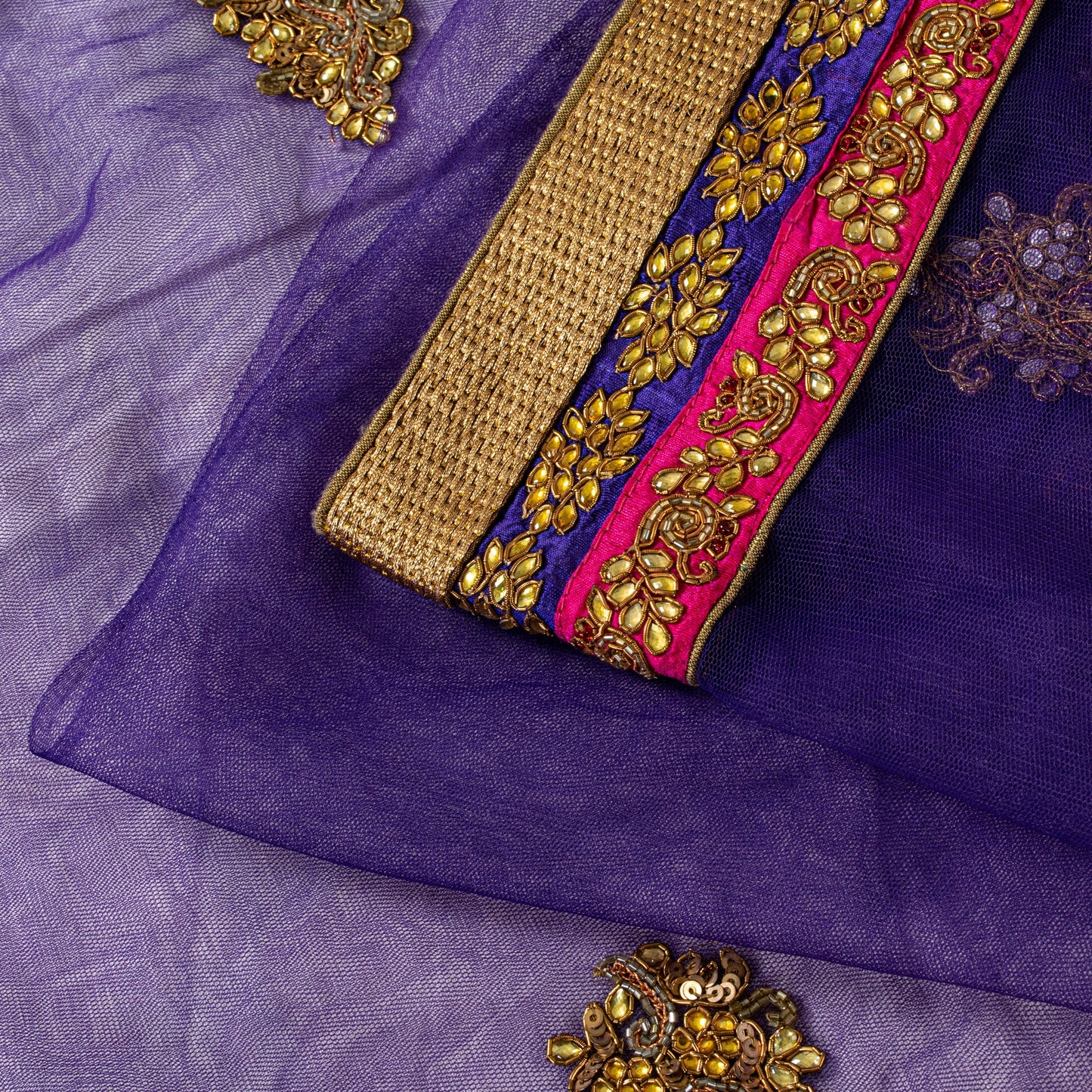 Sanskriti Vintage Net Purple Saree Hand Embroidered Dabka Sari 5.5YDCraft Fabric