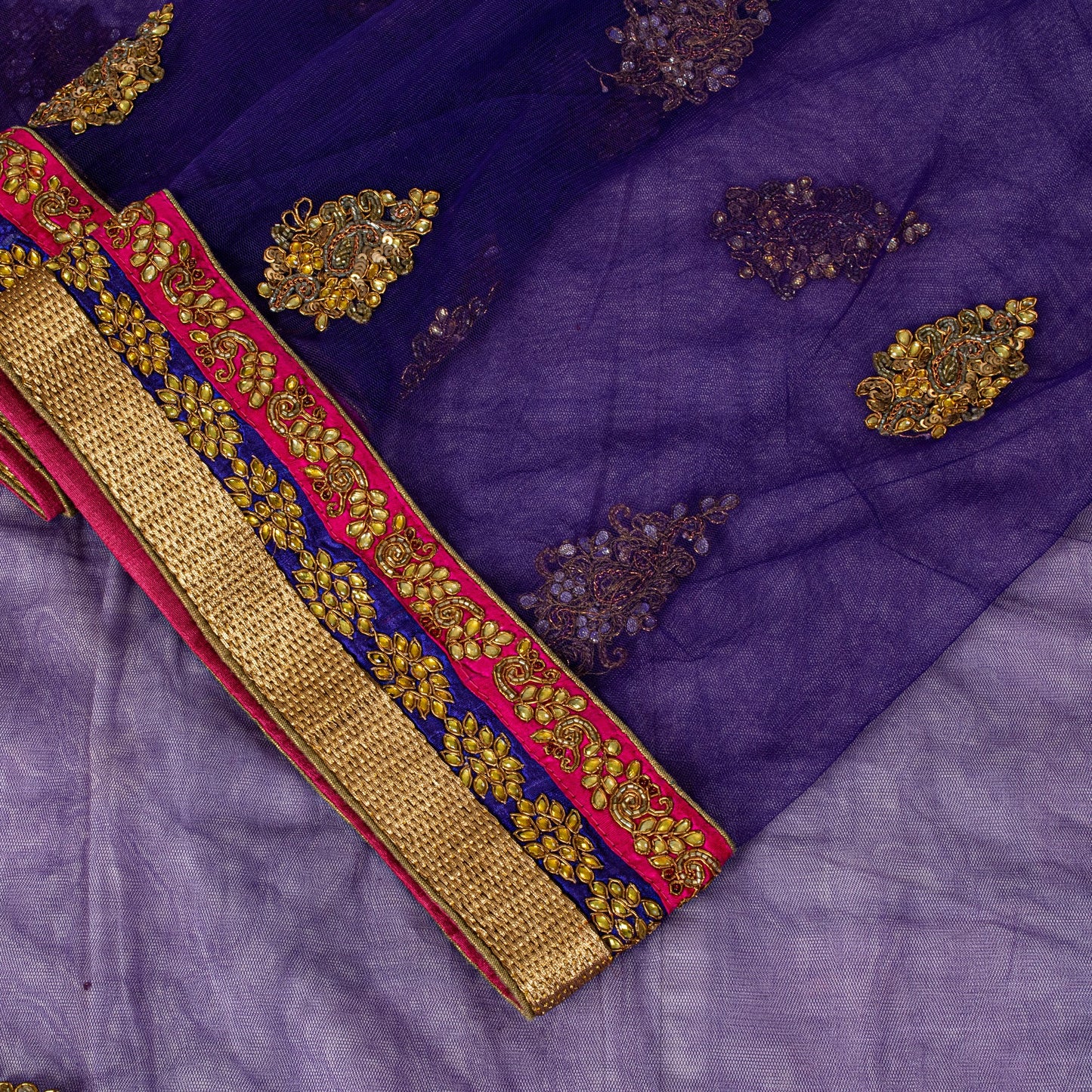 Sanskriti Vintage Net Purple Saree Hand Embroidered Dabka Sari 5.5YDCraft Fabric