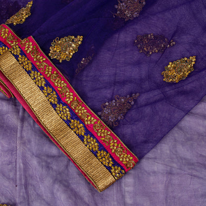 Sanskriti Vintage Net Purple Saree Hand Embroidered Dabka Sari 5.5YDCraft Fabric