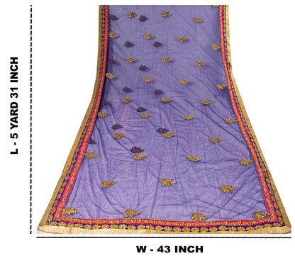 Sanskriti Vintage Net Purple Saree Hand Embroidered Dabka Sari 5.5YDCraft Fabric
