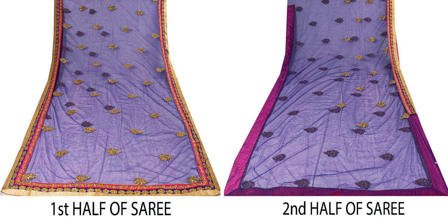 Sanskriti Vintage Net Purple Saree Hand Embroidered Dabka Sari 5.5YDCraft Fabric