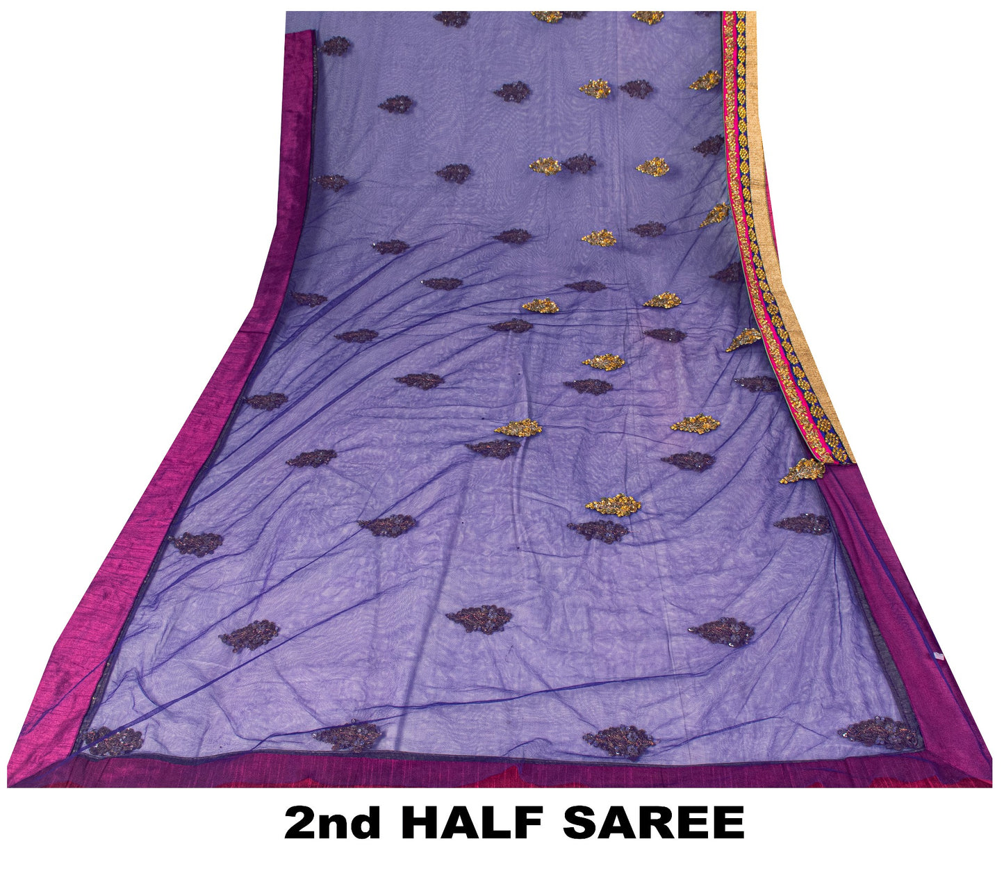 Sanskriti Vintage Net Purple Saree Hand Embroidered Dabka Sari 5.5YDCraft Fabric