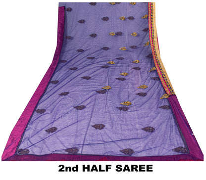 Sanskriti Vintage Net Purple Saree Hand Embroidered Dabka Sari 5.5YDCraft Fabric