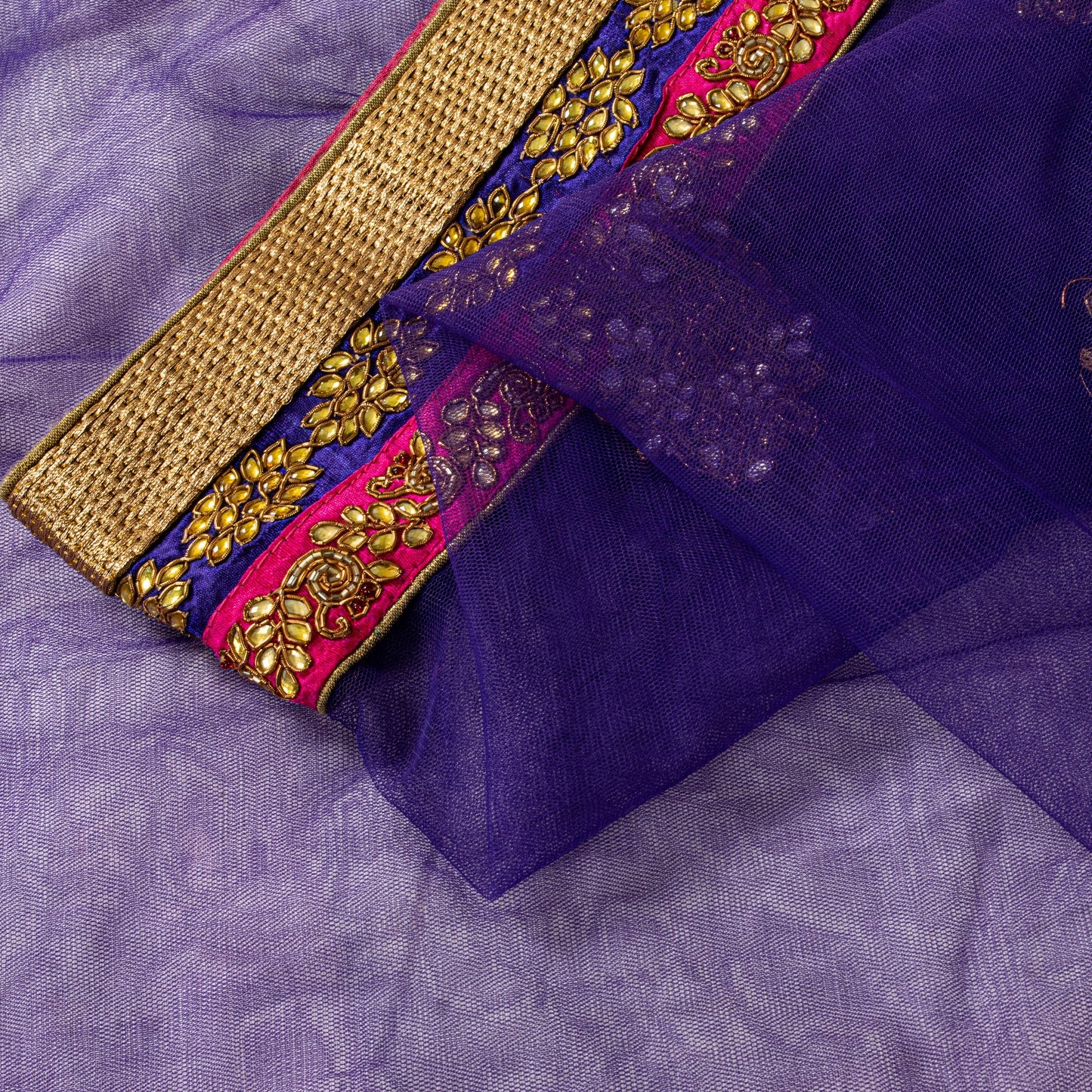 Sanskriti Vintage Net Purple Saree Hand Embroidered Dabka Sari 5.5YDCraft Fabric