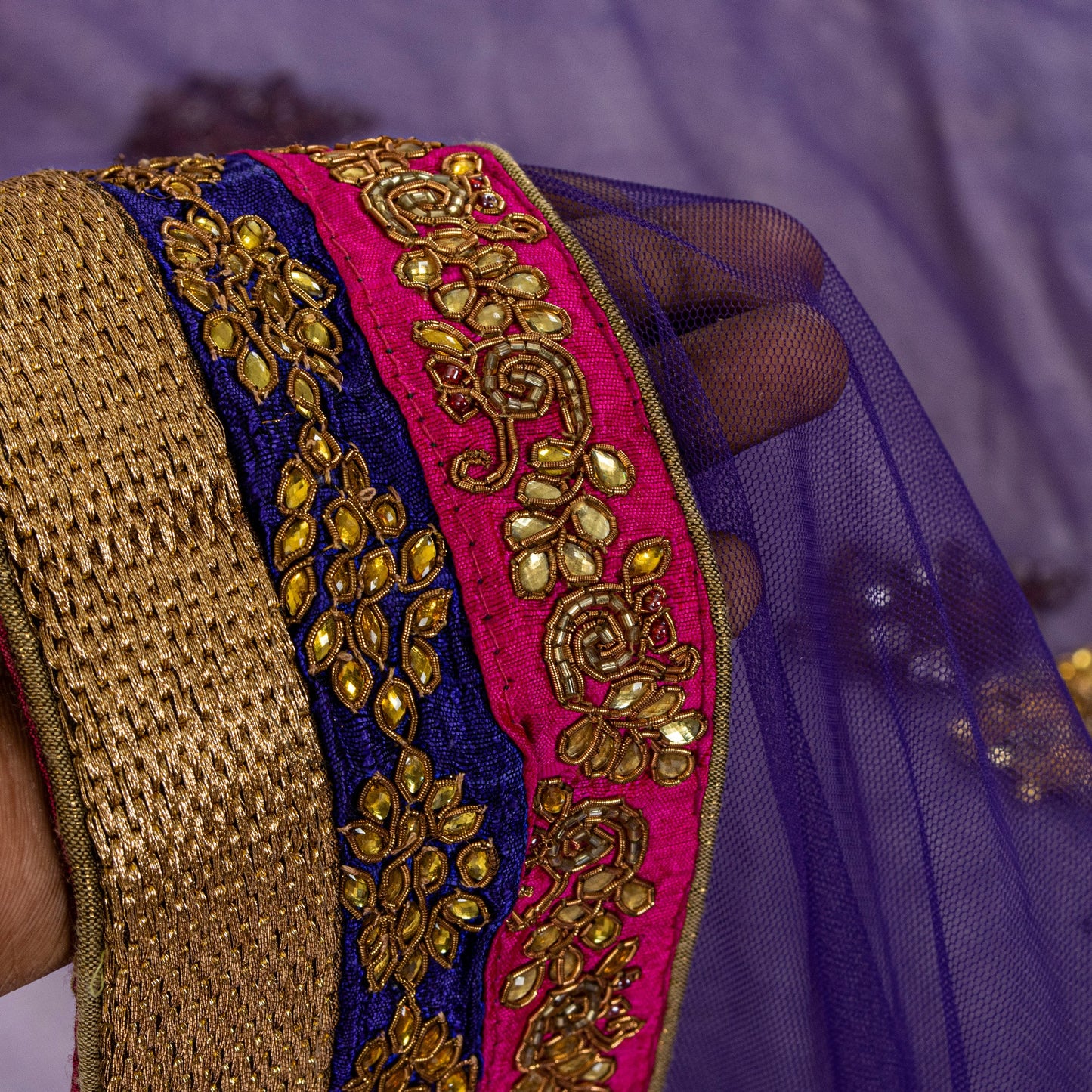 Sanskriti Vintage Net Purple Saree Hand Embroidered Dabka Sari 5.5YDCraft Fabric