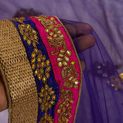 Sanskriti Vintage Net Purple Saree Hand Embroidered Dabka Sari 5.5YDCraft Fabric