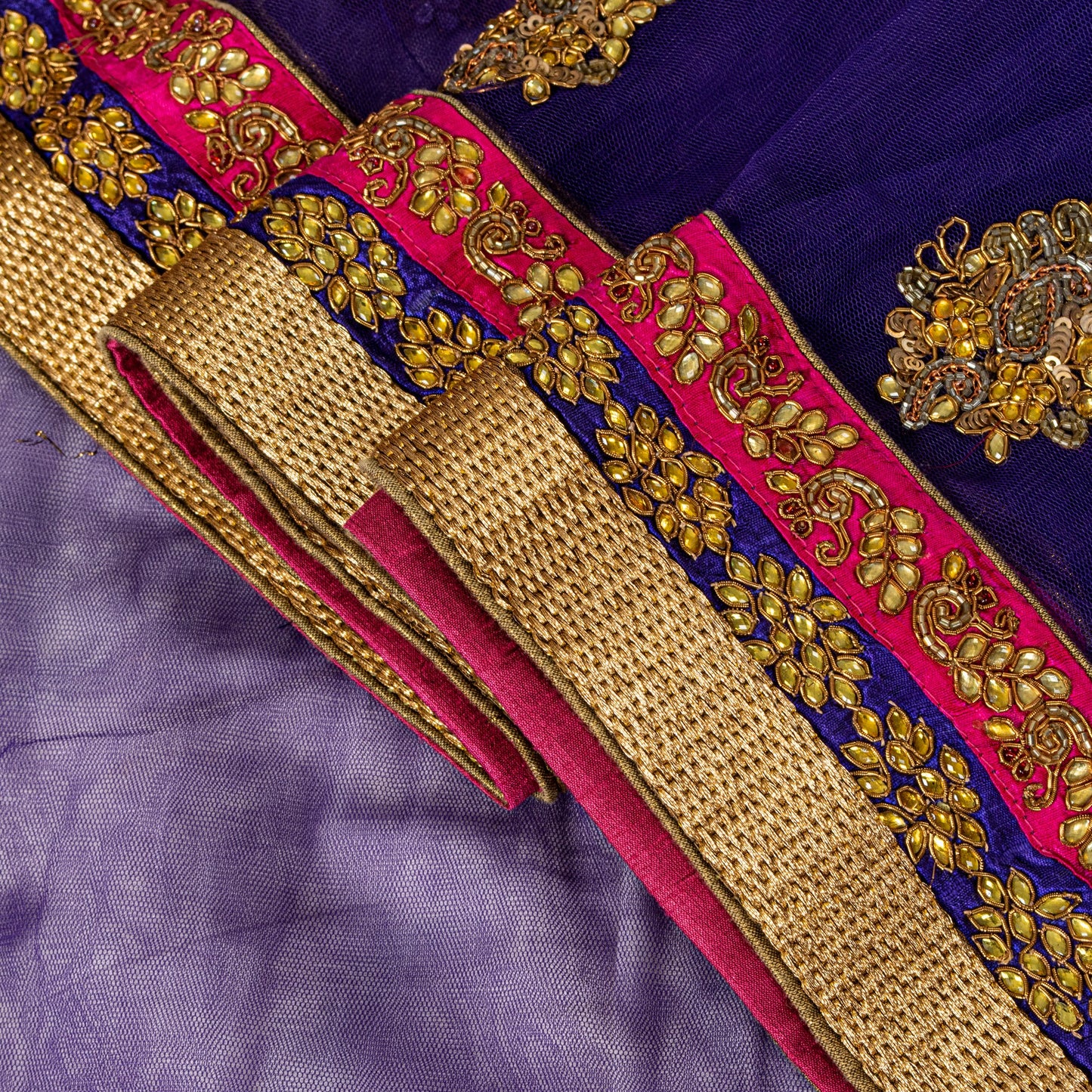 Sanskriti Vintage Net Purple Saree Hand Embroidered Dabka Sari 5.5YDCraft Fabric