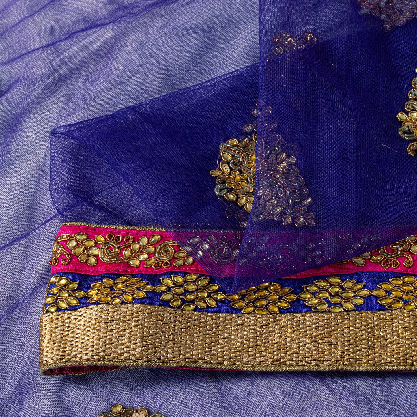 Sanskriti Vintage Net Purple Saree Hand Embroidered Dabka Sari 5.5YDCraft Fabric