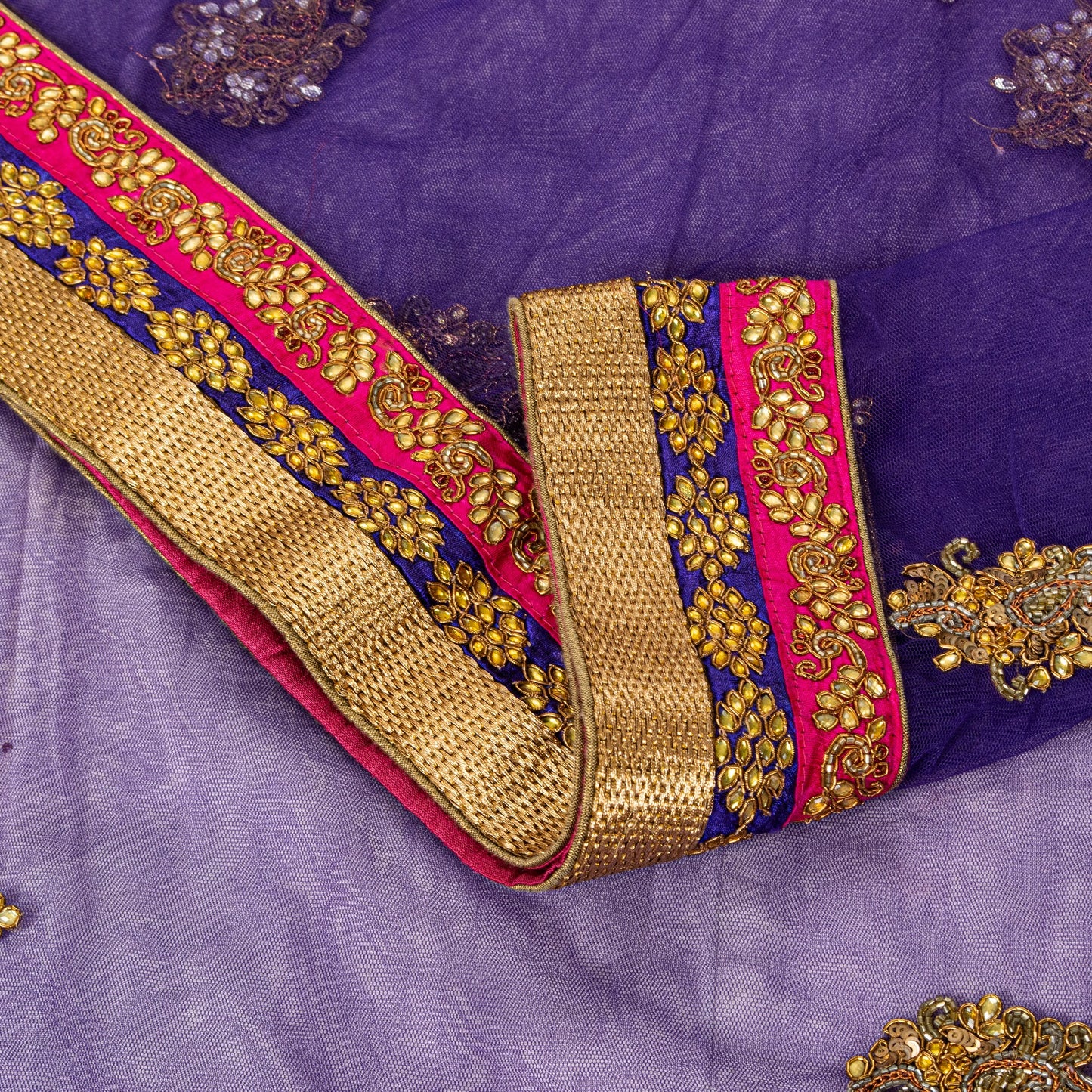 Sanskriti Vintage Net Purple Saree Hand Embroidered Dabka Sari 5.5YDCraft Fabric