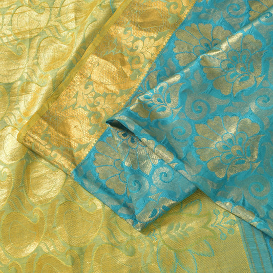 Sanskriti Vintage Blue-Golden Pure Silk Saree Paisley Woven Sari 5.5 Yd Craft