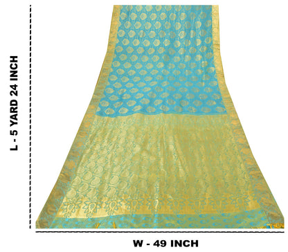 Sanskriti Vintage Blue-Golden Pure Silk Saree Paisley Woven Sari 5.5 Yd Craft