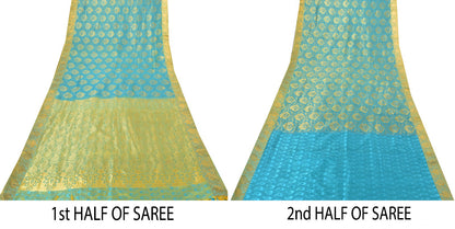 Sanskriti Vintage Blue-Golden Pure Silk Saree Paisley Woven Sari 5.5 Yd Craft