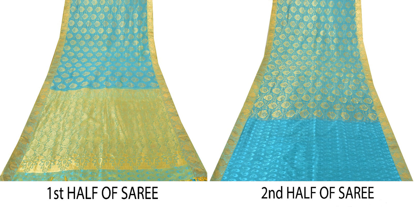 Sanskriti Vintage Blue-Golden Pure Silk Saree Paisley Woven Sari 5.5 Yd Craft