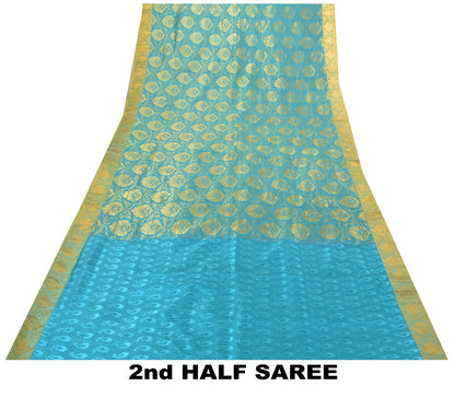 Sanskriti Vintage Blue-Golden Pure Silk Saree Paisley Woven Sari 5.5 Yd Craft
