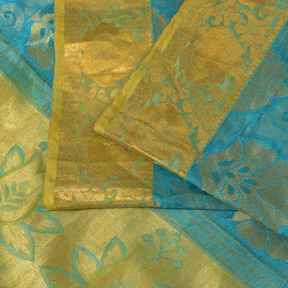 Sanskriti Vintage Blue-Golden Pure Silk Saree Paisley Woven Sari 5.5 Yd Craft