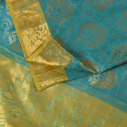Sanskriti Vintage Blue-Golden Pure Silk Saree Paisley Woven Sari 5.5 Yd Craft