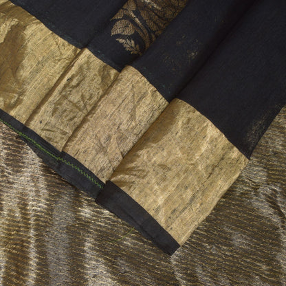 Sanskriti Vintage Black Pure Silk Saree Golden Zari Woven Sari 5.5 Craft Fabric