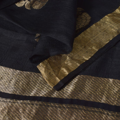 Sanskriti Vintage Black Pure Silk Saree Golden Zari Woven Sari 5.5 Craft Fabric